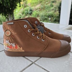BANGS Sunrise Mountain Hightop His Hers Unisex Shoes Sneakers Brown Embroidered